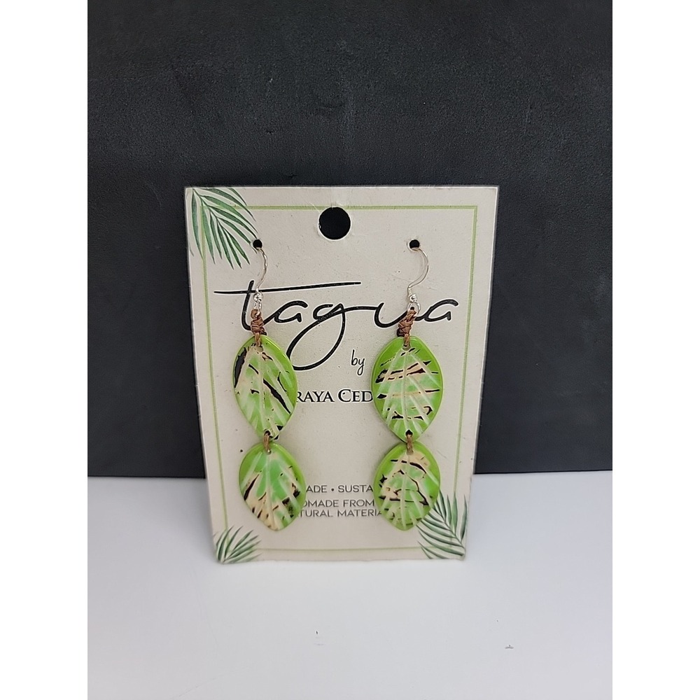 Tagua Bt Soraya Cedeno Nut Earrings Multi Lime Green Leaf Handmade 100% Natural